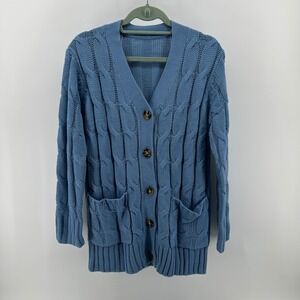 Blue Cable Knit Cardigan Sweater Medium Transition Spring Preppy Coastal Grandma